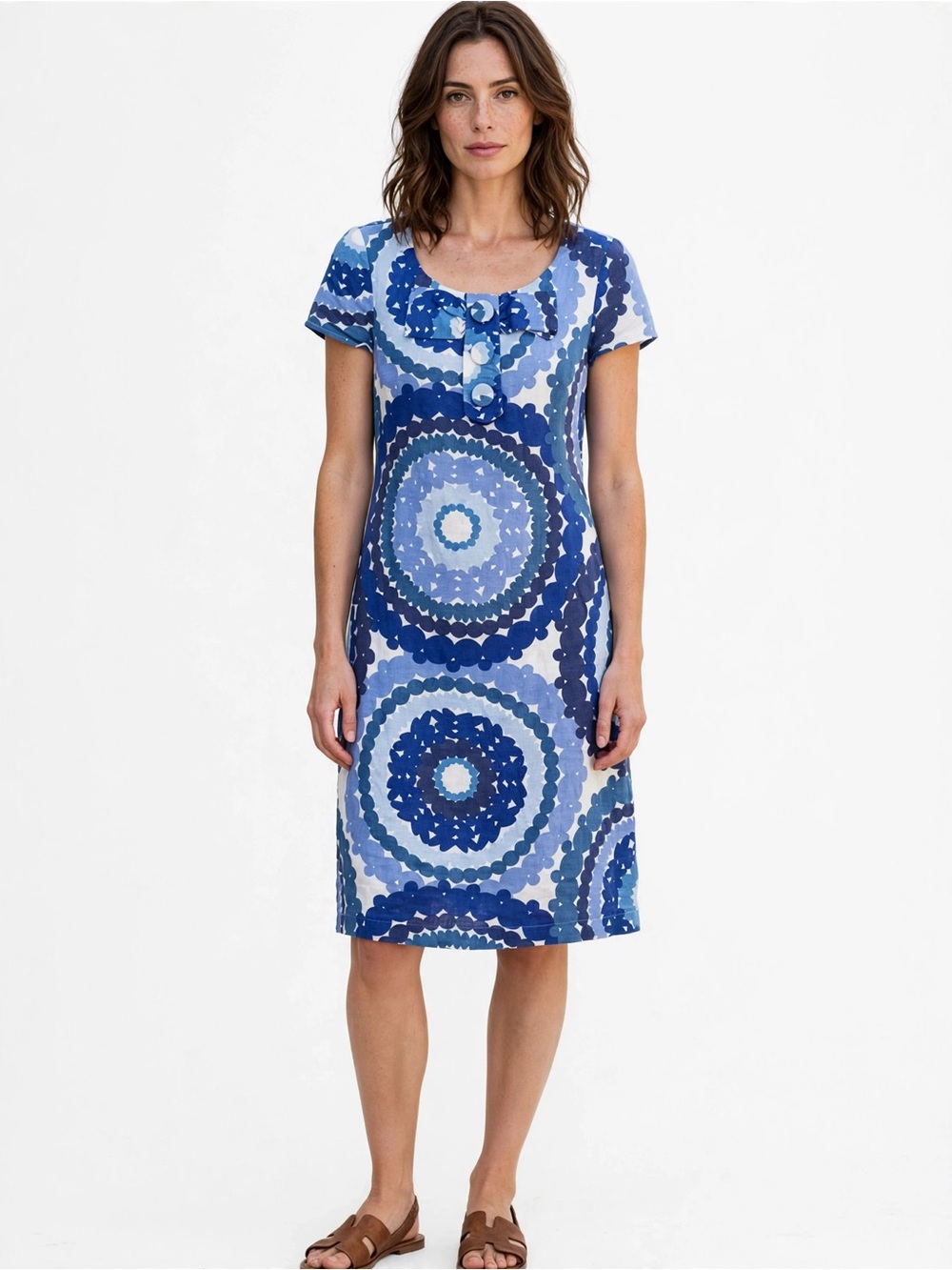 Boden Linen Shift Dress US 4 Blue Geometric Mandala Bow Button Detail
